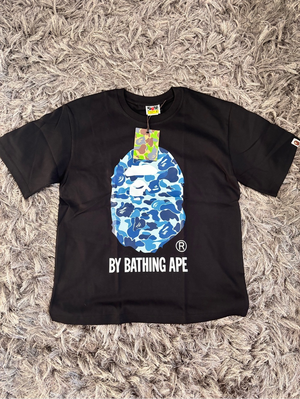 Bape Black Tee with Blue Camo Ape Head Graphic